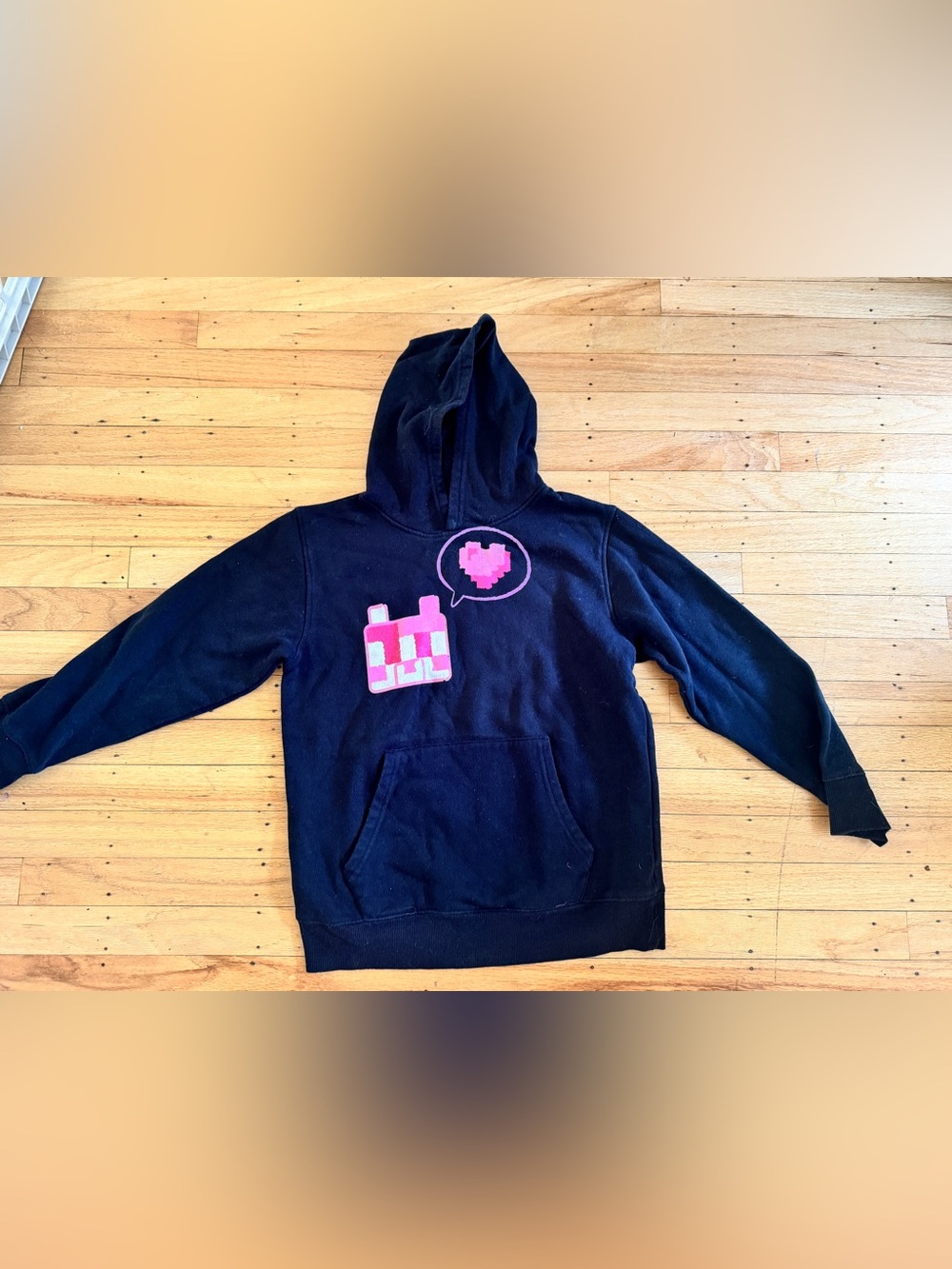 Black Kids Minecraft Cat Hoodie with Pink Pixel Heart Graphic